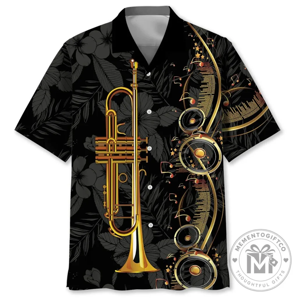 Golden Trumpet and Music Notes Black Floral Hawaiian Shirt Golden Trumpet and Music Notes Black Floral Hawaiian Shirt