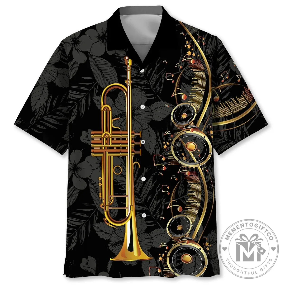Golden Trumpet and Music Notes Black Floral Hawaiian Shirt
