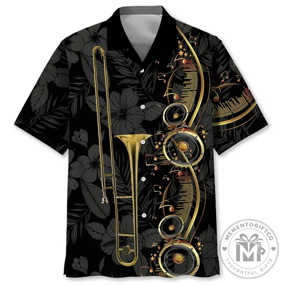 Black Trombone Musical Instrument Pattern Hawaiian Shirt
