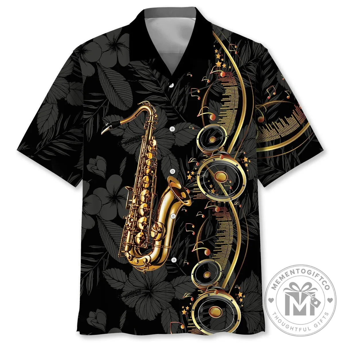 Brass Saxophone Musical Instrument Black Hawaiian Shirt