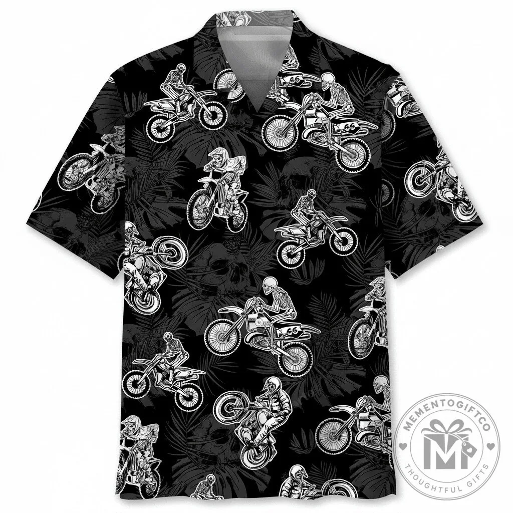 Black Dirt Bike Racing Skeleton Motocross Rider Hawaiian Shirt