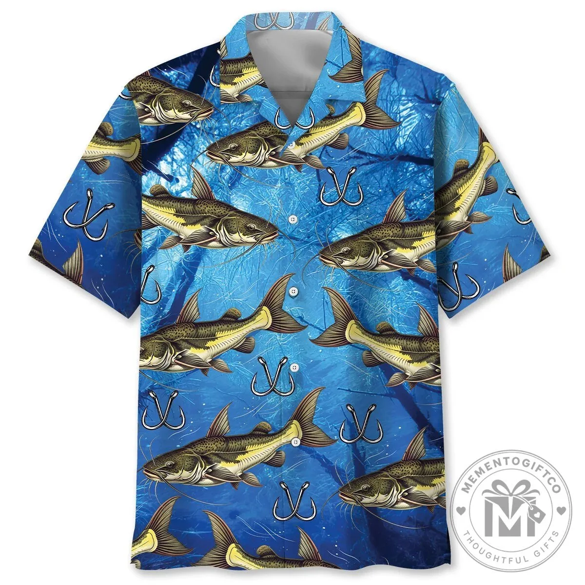 Catfish Fishing Hooks Blue Hawaiian Shirt