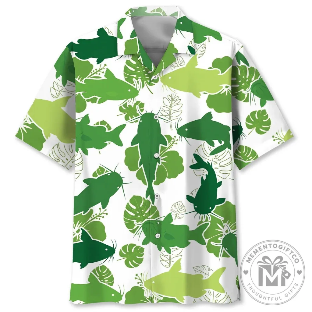 Funny Catfish and Tropical Leaves White Hawaiian Shirt Funny Catfish and Tropical Leaves White Hawaiian Shirt
