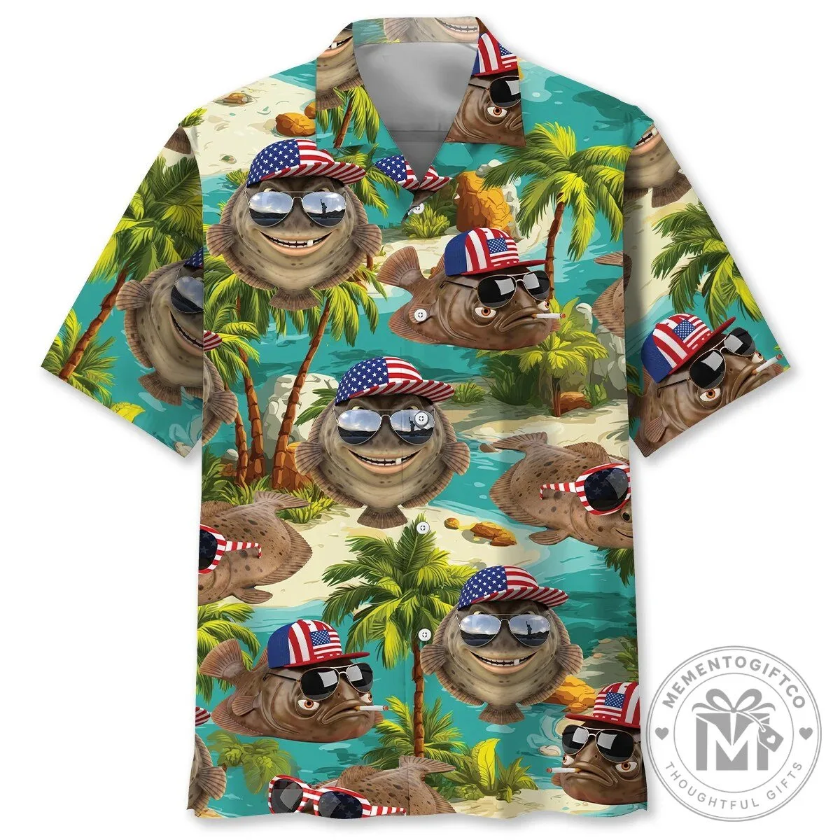 Funny Flounder Fish Wearing Sunglasses And American Flag Hat Beach Hawaiian Shirt