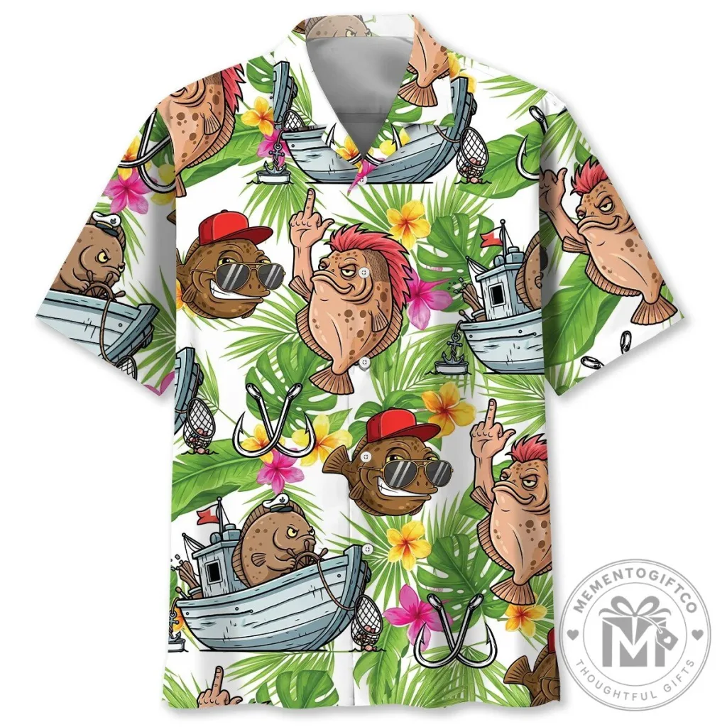 Funny Flounder Fish Tropical Leaves Pattern Hawaiian Shirt Funny Flounder Fish Tropical Leaves Pattern Hawaiian Shirt