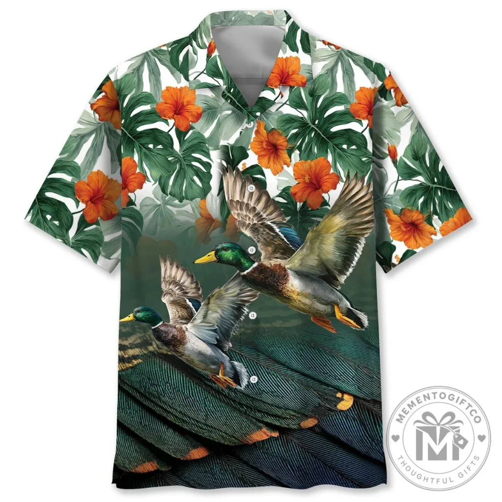Mallard Duck Flying Over Water Tropical Hibiscus Hawaiian Shirt Mallard Duck Flying Over Water Tropical Hibiscus Hawaiian Shirt