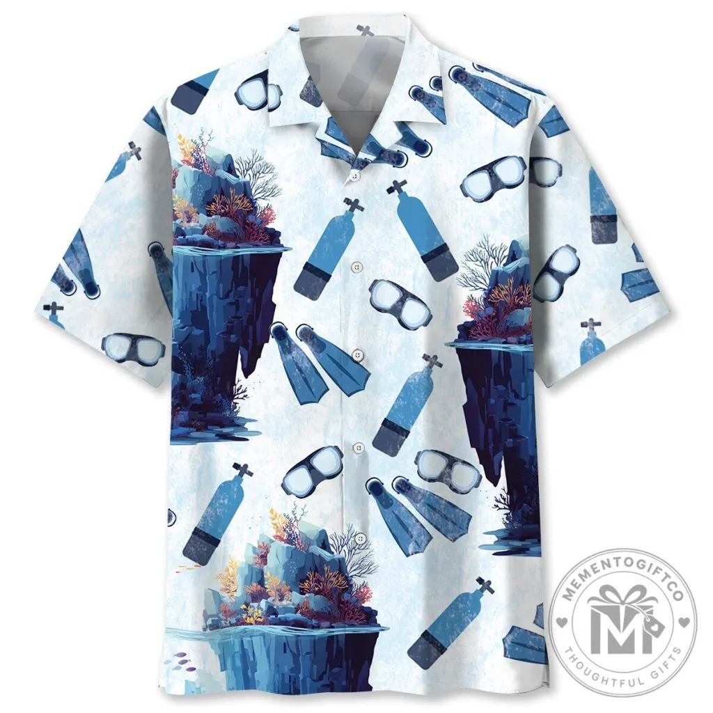 Scuba Diving Underwater Cliff Hawaiian Shirt with Ocean Life Design Scuba Diving Underwater Cliff Hawaiian Shirt with Ocean Life Design