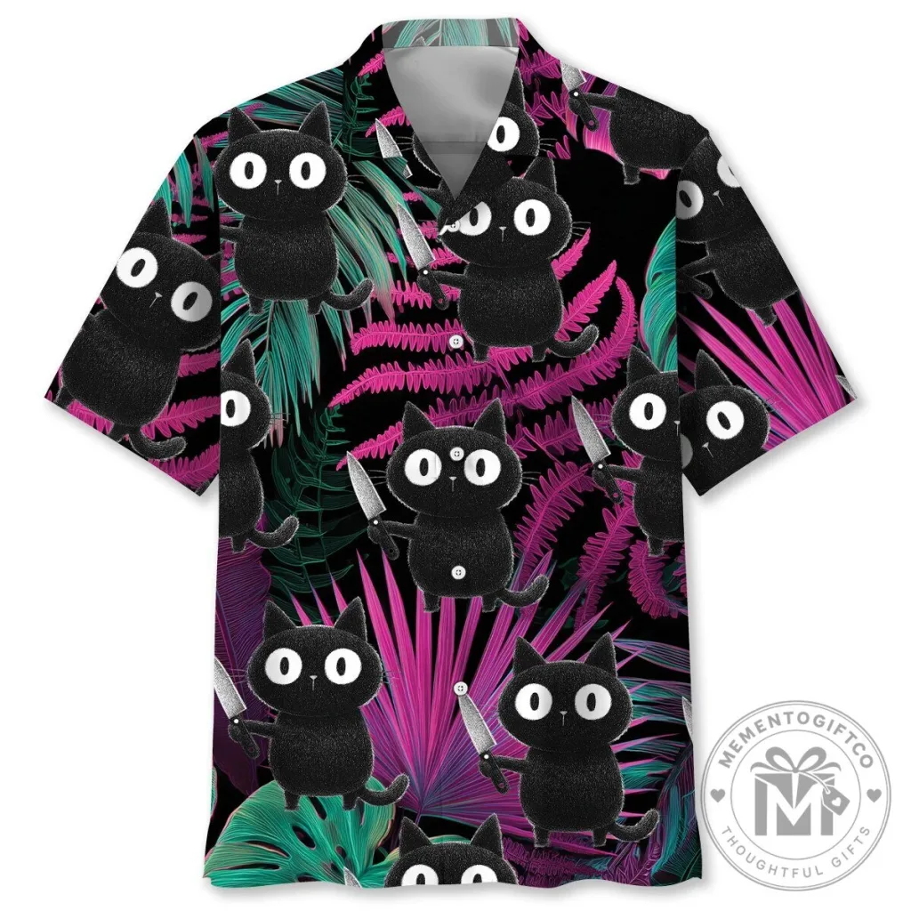Black Cat with Knife Tropical Leaves Funny Hawaiian Shirt Black Cat with Knife Tropical Leaves Funny Hawaiian Shirt
