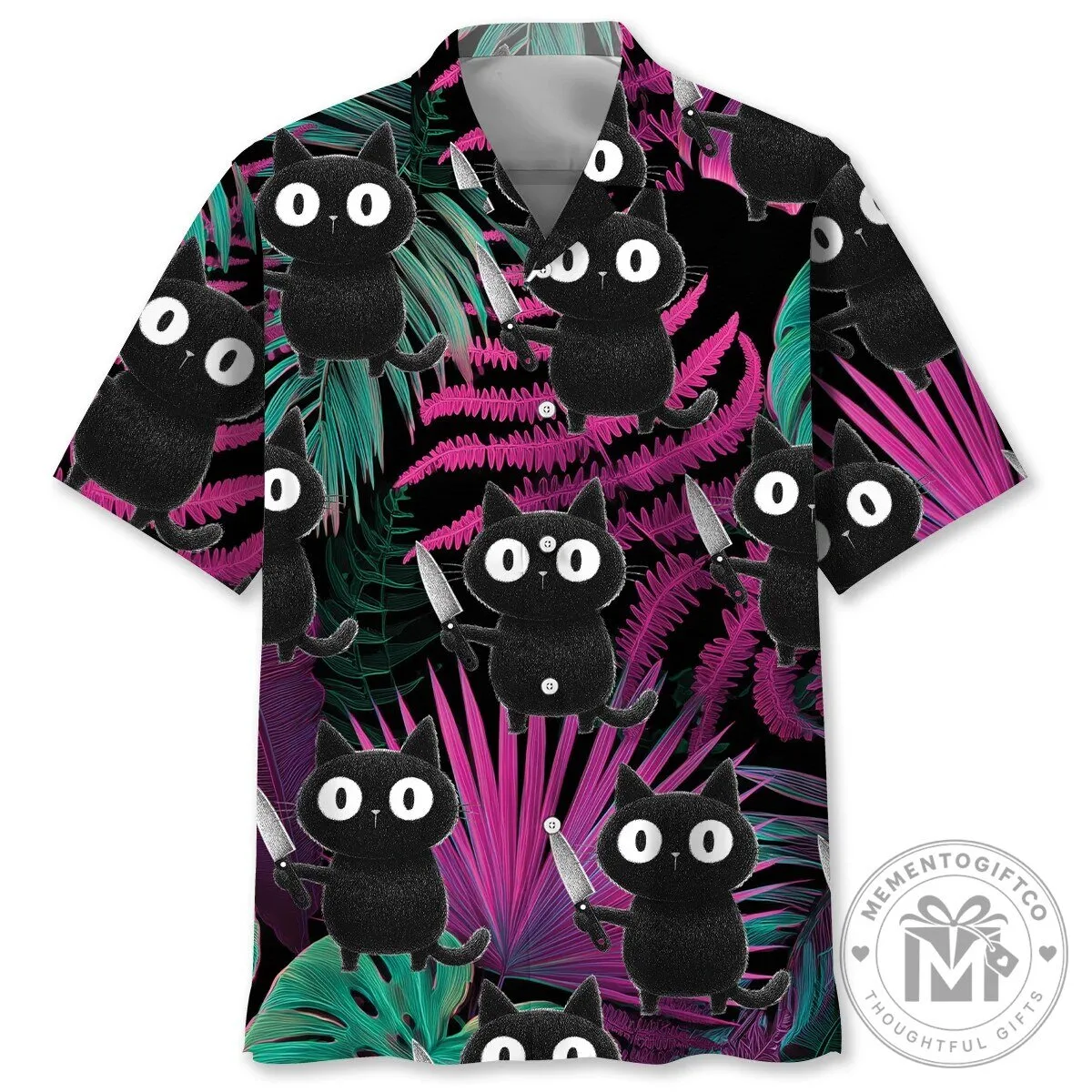 Black Cat with Knife Tropical Leaves Funny Hawaiian Shirt