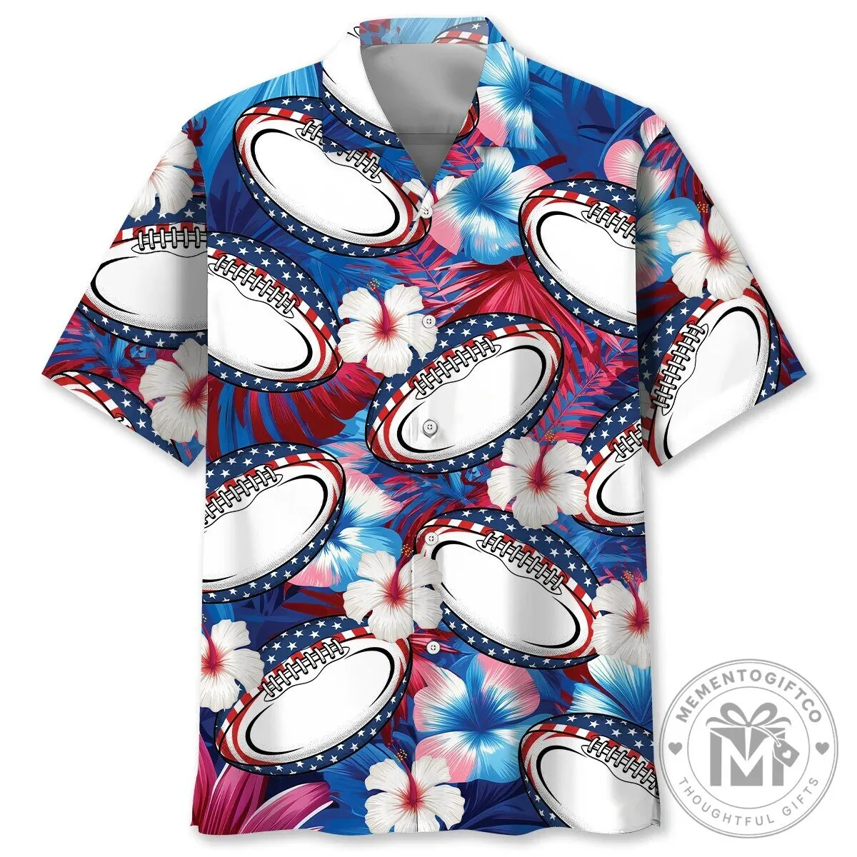 American Flag Rugby Ball Tropical Floral Hawaiian Shirt