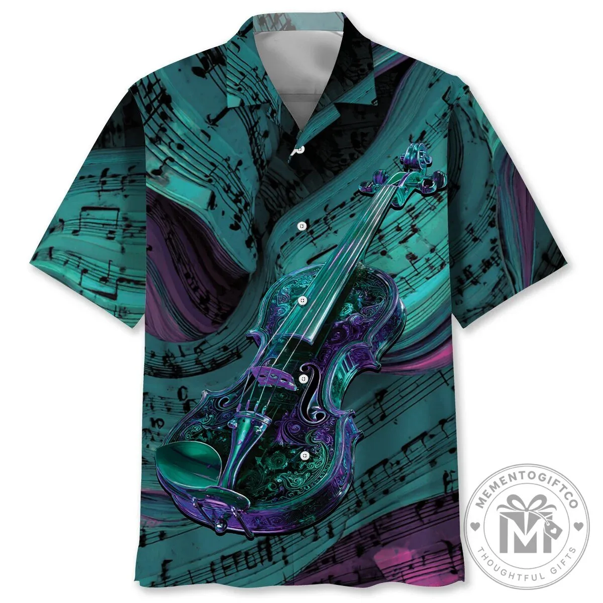 Elegant Violin Musical Notes Patterned Teal Hawaiian Shirt