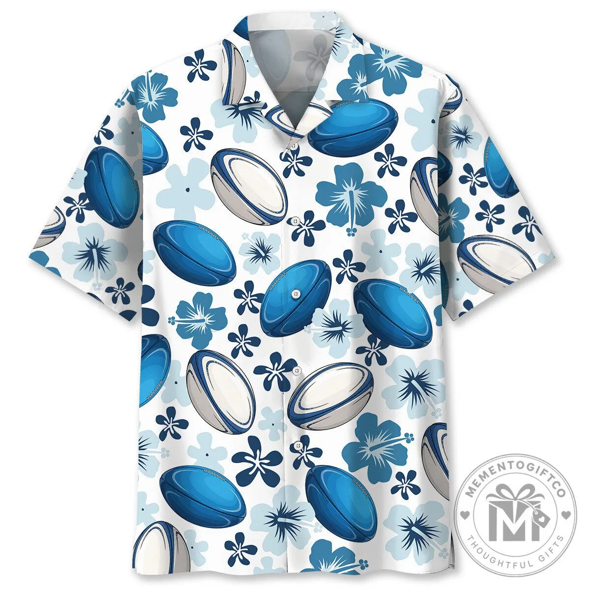 Blue Rugby Ball and Hibiscus Flower Pattern Hawaiian Shirt