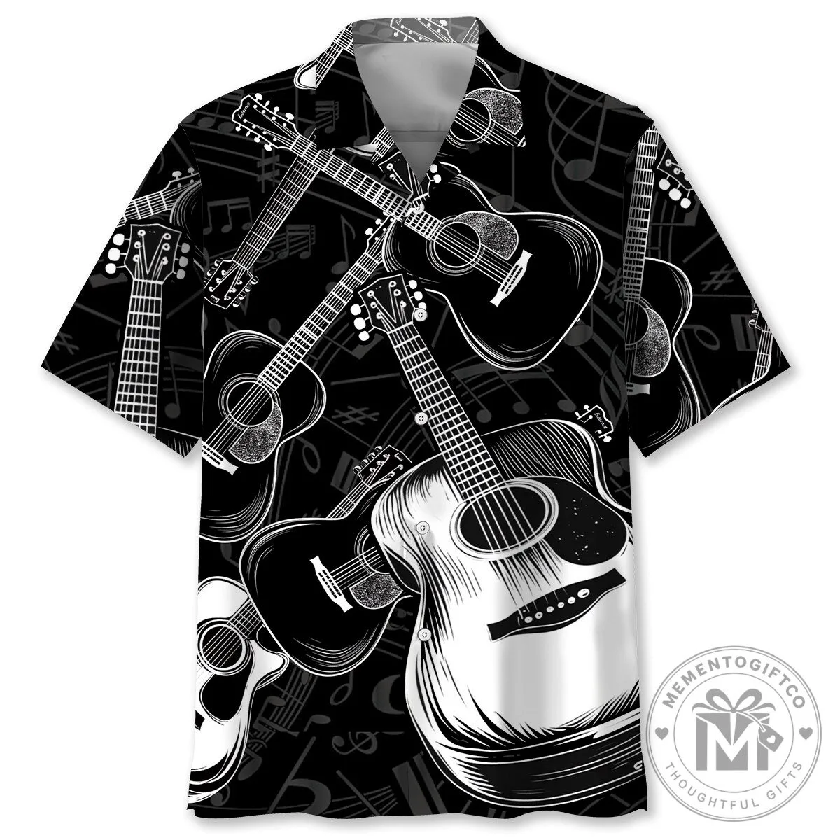 Black and White Acoustic Guitar Music Notes Hawaiian Shirt