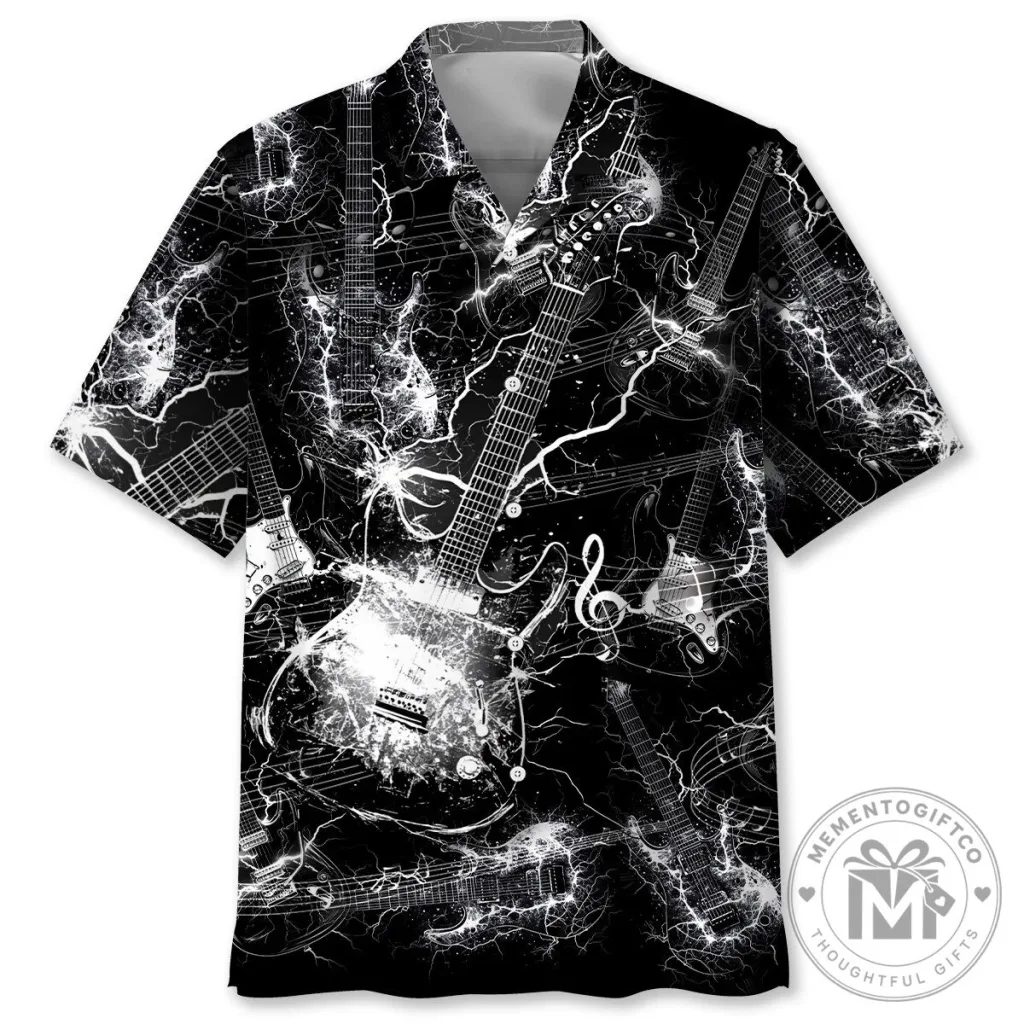Black and White Lightning Electric Guitar Music Notes Hawaiian Shirt Black and White Lightning Electric Guitar Music Notes Hawaiian Shirt