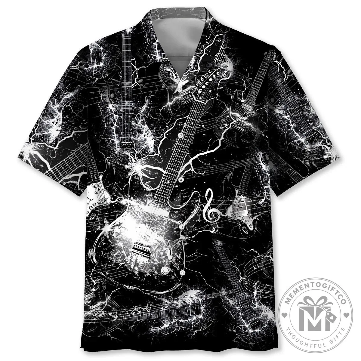 Black and White Lightning Electric Guitar Music Notes Hawaiian Shirt