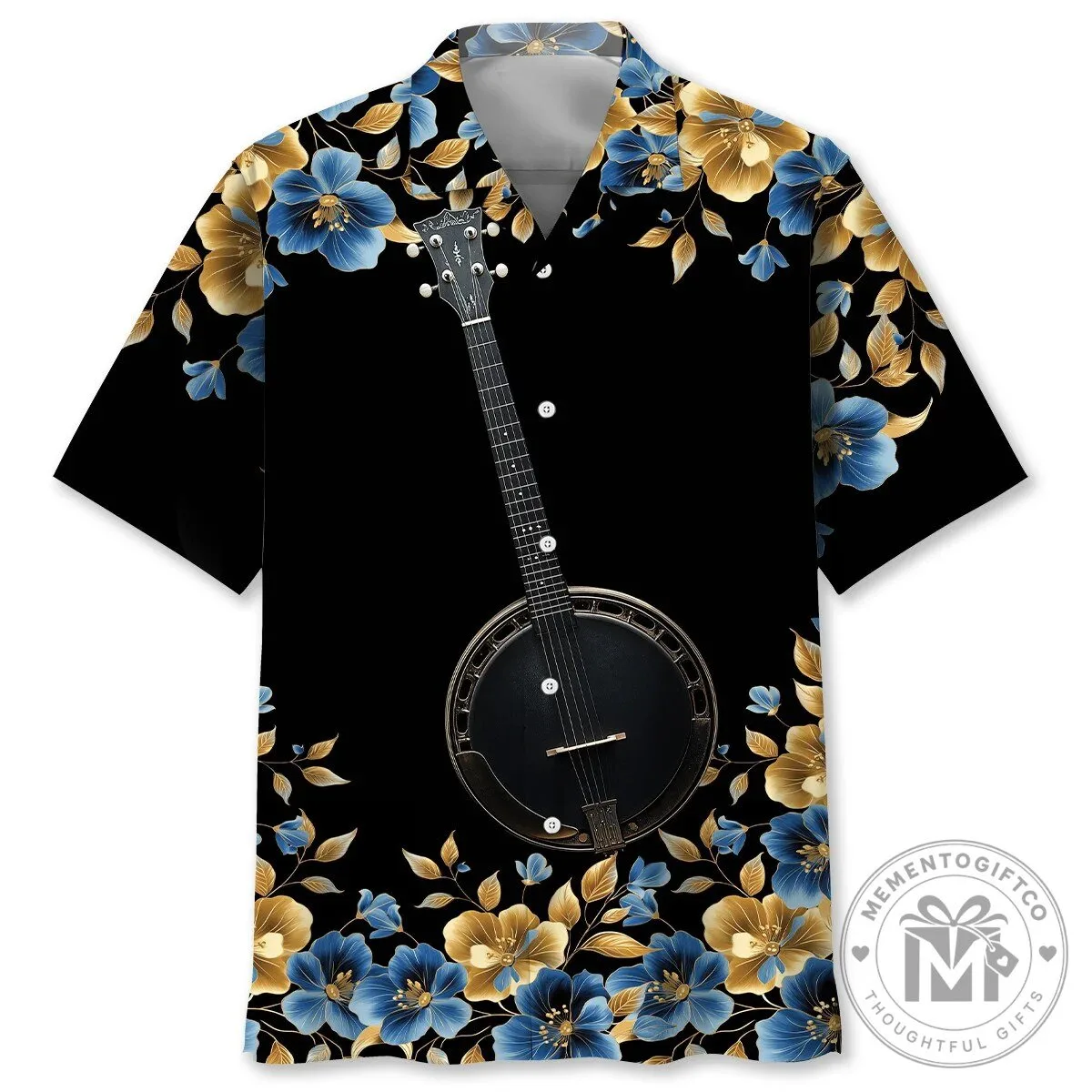 Musical Banjo Instrument Floral Pattern Black Hawaiian Shirt