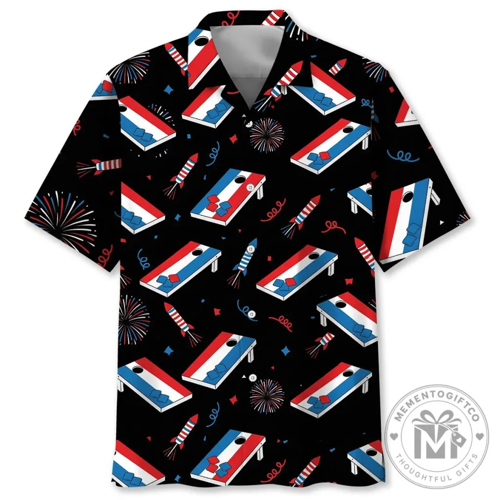 Patriotic Cornhole Game Boards And Fireworks Black Hawaiian Shirt Patriotic Cornhole Game Boards And Fireworks Black Hawaiian Shirt
