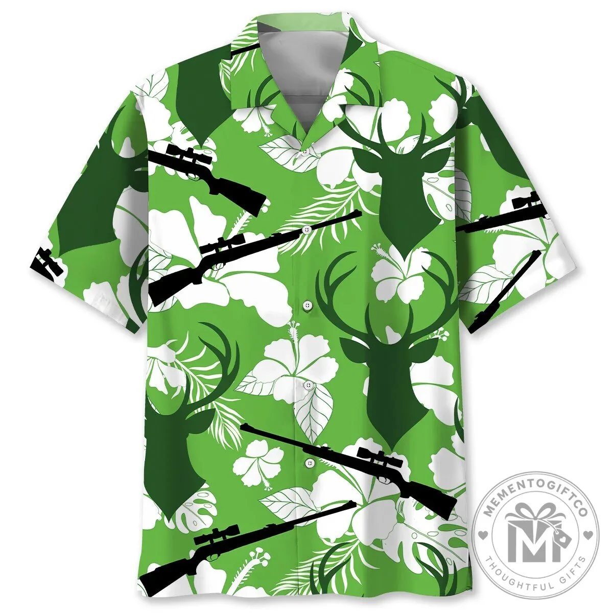 Deer Hunting Rifle Hibiscus Flower Green Hawaiian Shirt