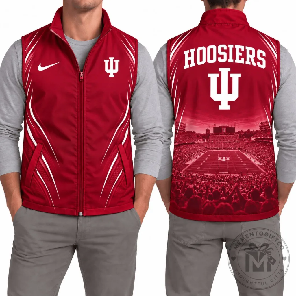 Indiana Hoosiers Football Stadium Red Sleeveless Zip Jacket Indiana Hoosiers Football Stadium Red Sleeveless Zip Jacket