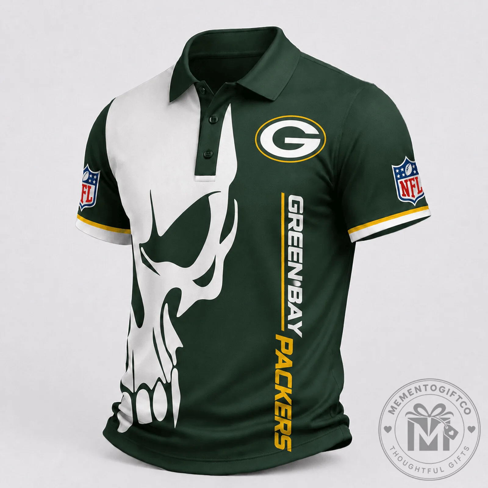 Green Bay Packers Skull Design Polo Shirt for Men, NFL Football Fan Apparel