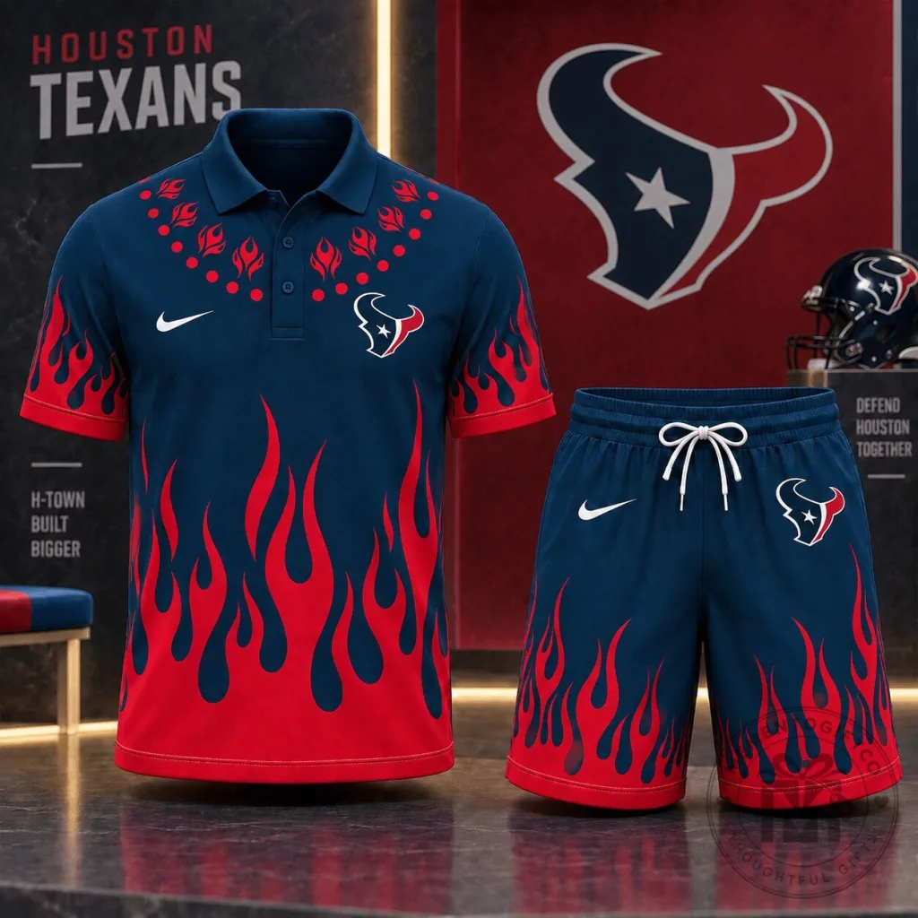 Polo Shirt and Shorts Set with Houston Texans Flame Graphic Design Polo Shirt and Shorts Set with Houston Texans Flame Graphic Design