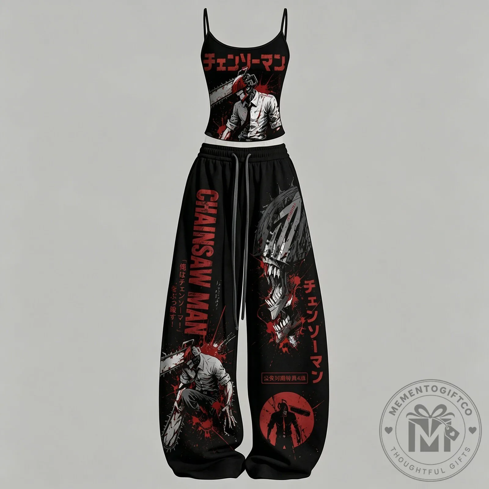Chainsaw Man Anime Black Tank Top and Pants Two-Piece Set