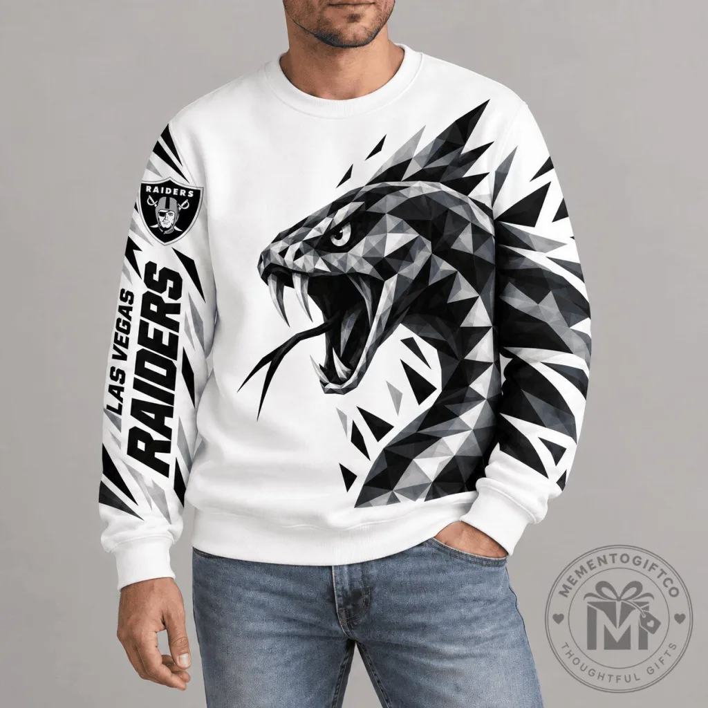 Las Vegas Raiders Polygonal Snake Mascot Design White Crewneck Sweatshirt Las Vegas Raiders Polygonal Snake Mascot Design White Crewneck Sweatshirt