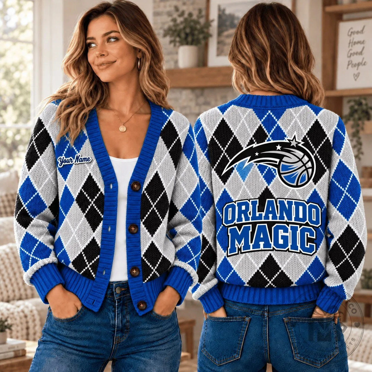 Orlando Magic NBA Argyle Custom Name Cardigan Jacket