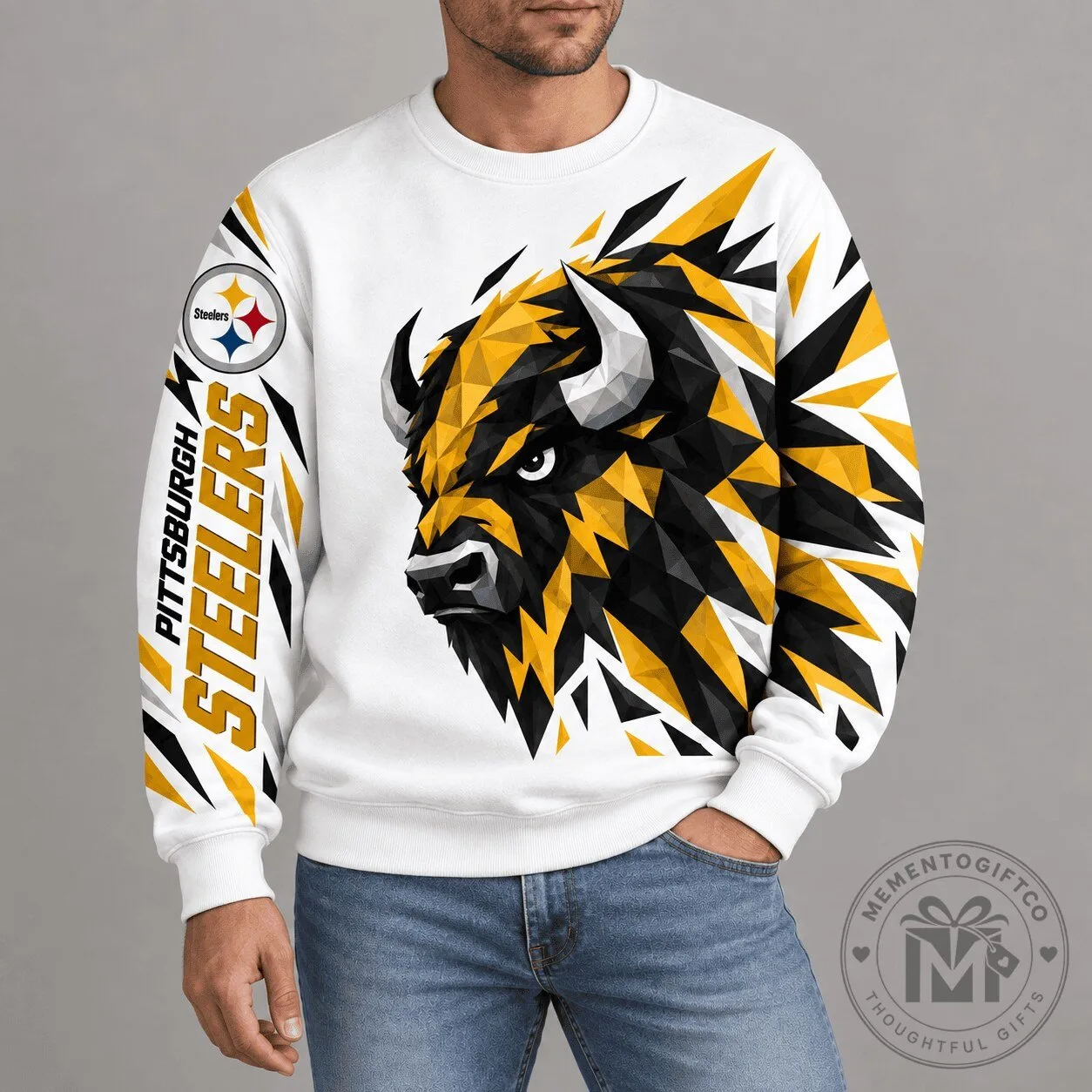 Pittsburgh Steelers Polygonal Bison Mascot White Crewneck Sweatshirt