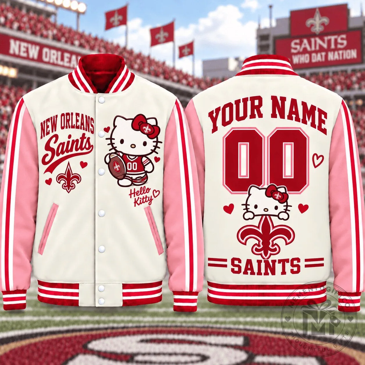 Hello Kitty Varsity Jacket Customized for New Orleans Saints Fans