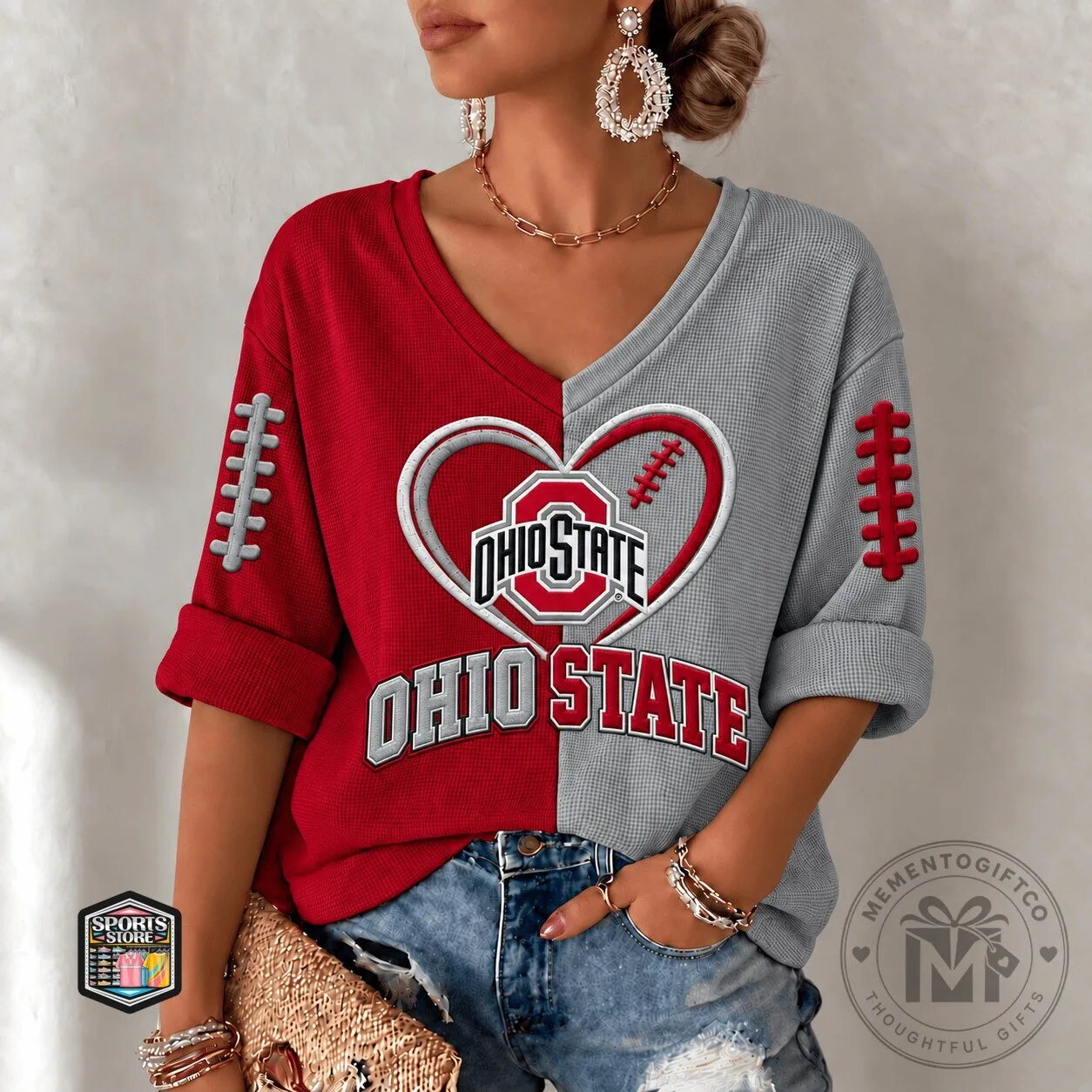 Ohio State Buckeyes Football Heart V-Neck Long Sleeve Shirt