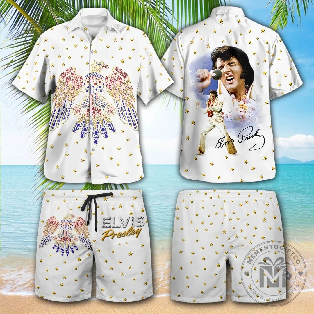 Elvis Presley American Eagle Pattern White Hawaiian Shirt