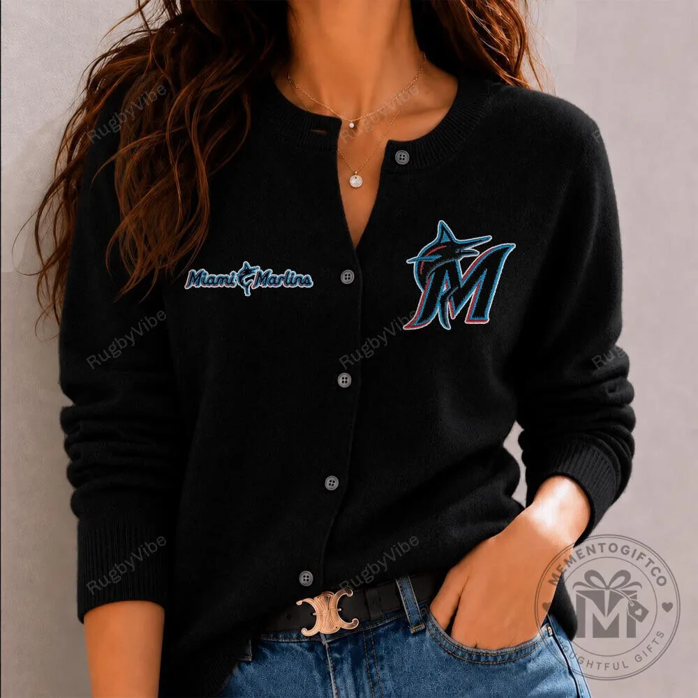 Miami Marlins Baseball Team Logo Black Cardigan Sweater