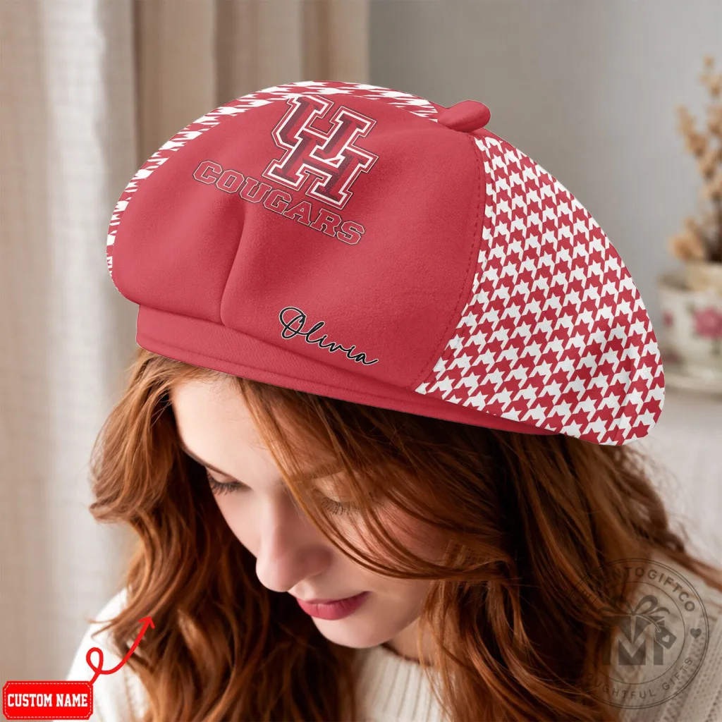 Houston Cougars Houndstooth Pattern Custom Name Beret Hat Houston Cougars Houndstooth Pattern Custom Name Beret Hat