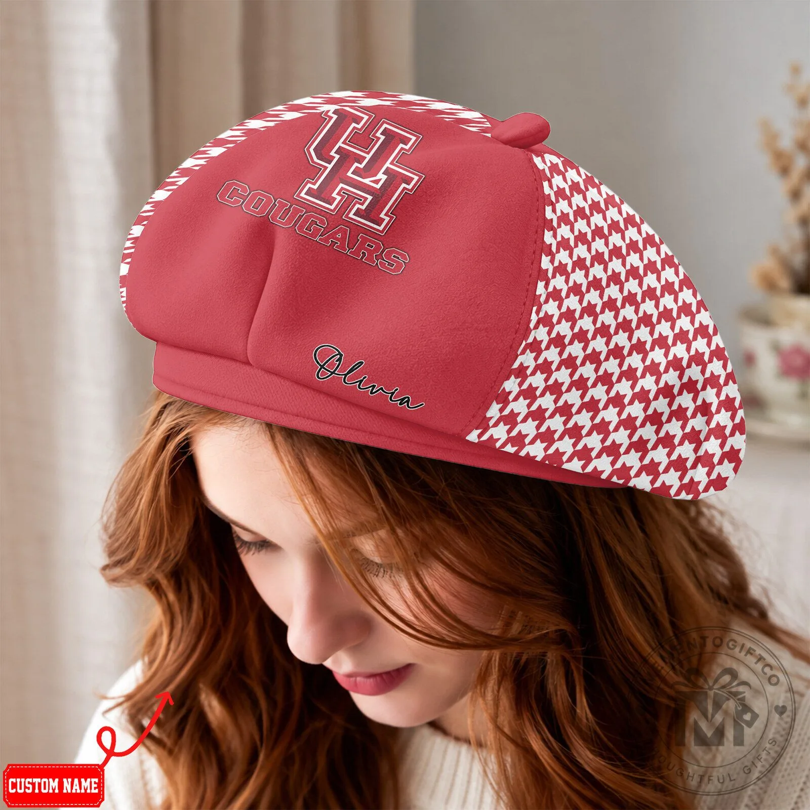 Houston Cougars Houndstooth Pattern Custom Name Beret Hat