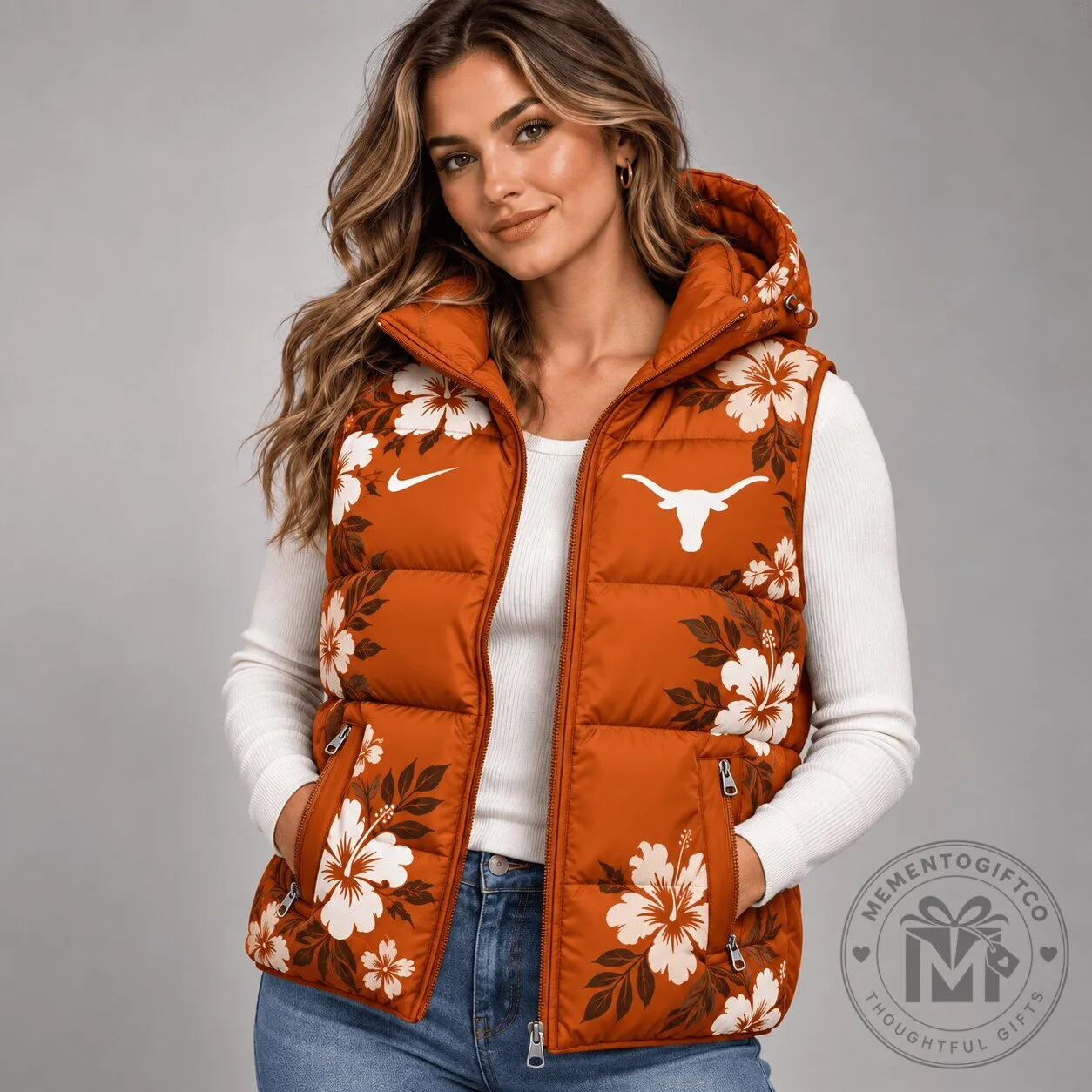 Texas Longhorns NCAA Floral Hooded Puffer Vest