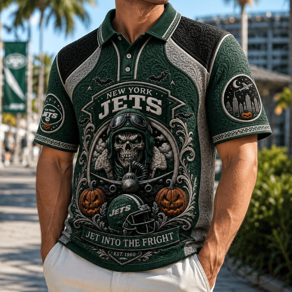 New York Jets Halloween Skull Pilot Embroidered Polo Shirt New York Jets Halloween Skull Pilot Embroidered Polo Shirt