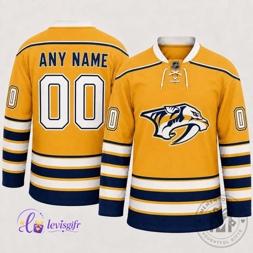 Nashville Predators Gold and Blue Personalized Ice Hockey Jersey Nashville Predators Gold and Blue Personalized Ice Hockey Jersey