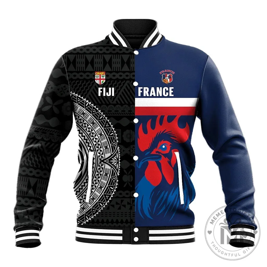 Fiji and France Rugby Custom Baseball Jacket Flying Fijian Les Bleus Together