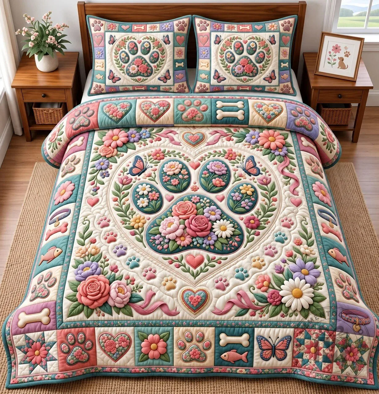 Floral Paw Print Heart Pattern Quilted Bedding Set with Pillow Shams