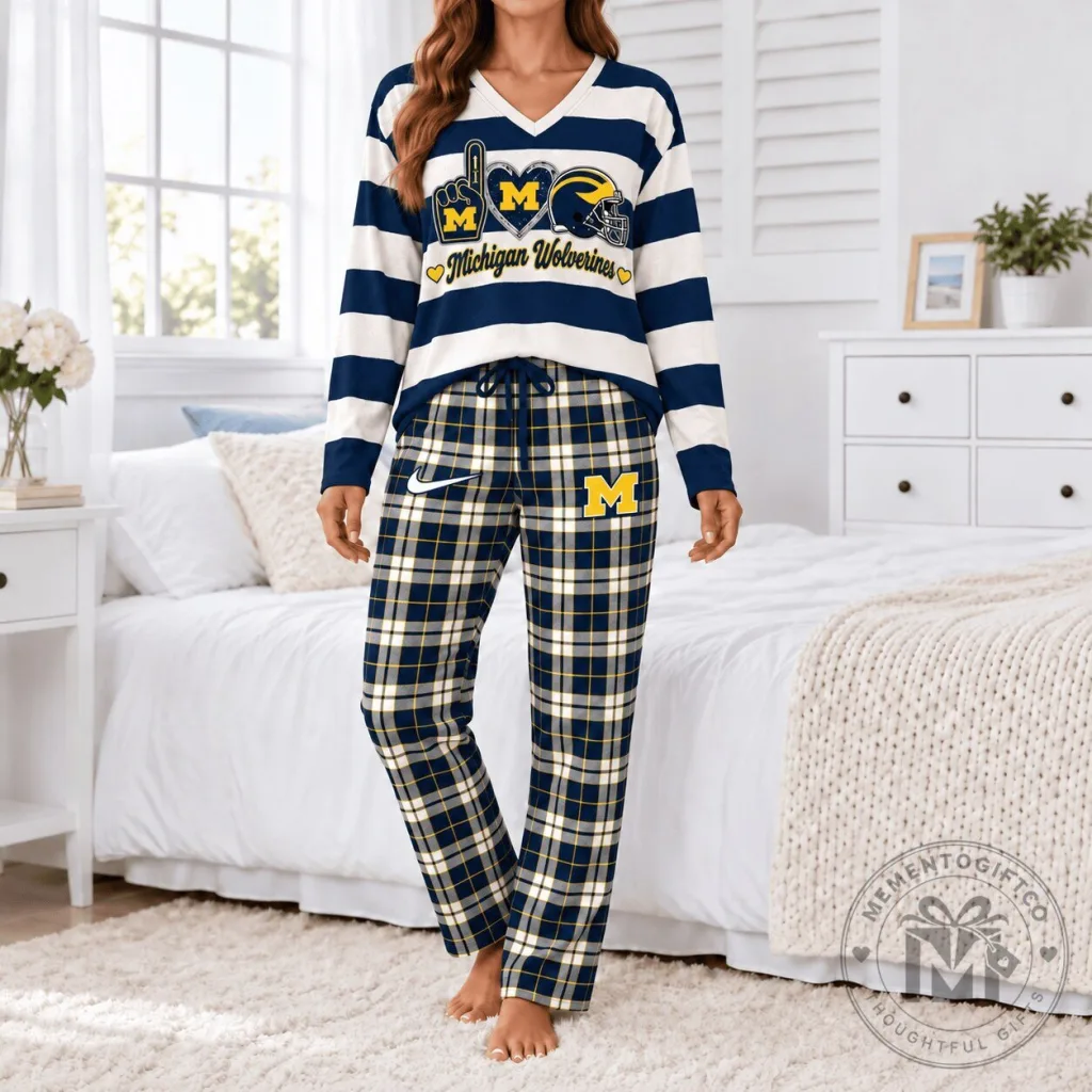 Michigan Wolverines NCAA Plaid Lounge Long Sleeve Shirt and Pants Pajamas Set Michigan Wolverines NCAA Plaid Lounge Long Sleeve Shirt and Pants Pajamas Set