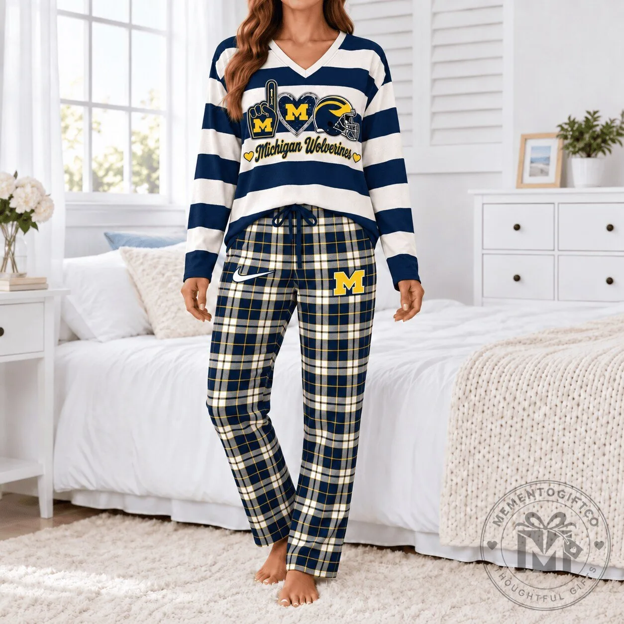 Michigan Wolverines NCAA Plaid Lounge Long Sleeve Shirt and Pants Pajamas Set