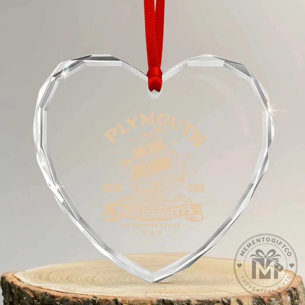 Plymouth Massachusetts Mayflower Voyage Since 1620 Heart Crystal Glass Ornament