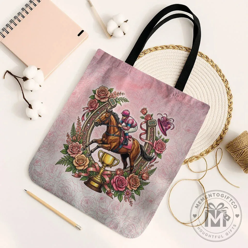 Melbourne Horse Race Pink Rose Floral Horseshoe Jockey Tote Bag