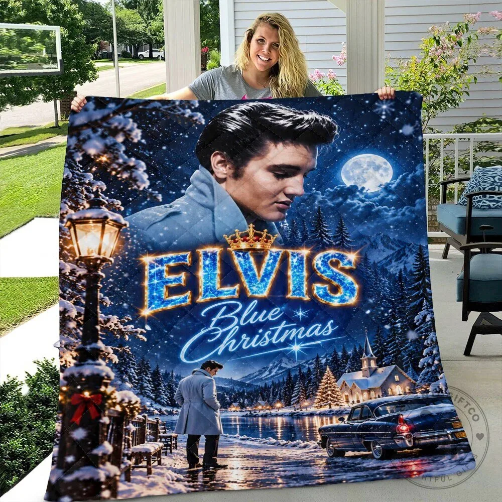 Elvis Presley Blue Christmas Winter Scene Quilted Blanket