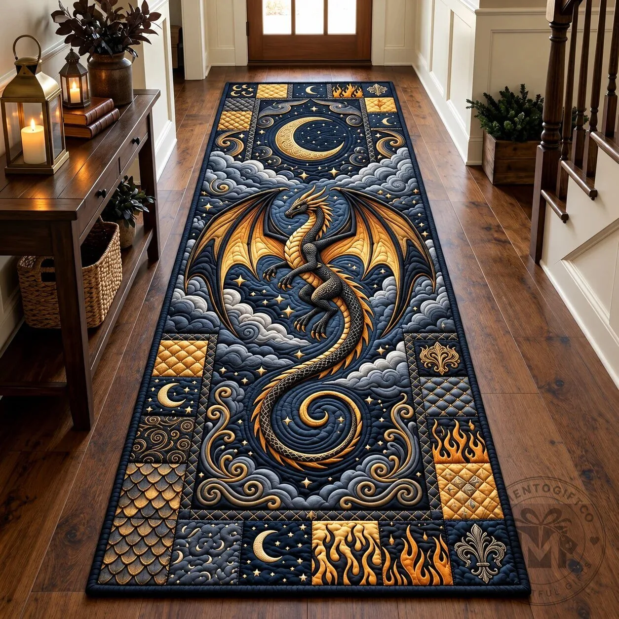 Mythical Dragon Moon and Stars Celestial Hallway Runner Rug
