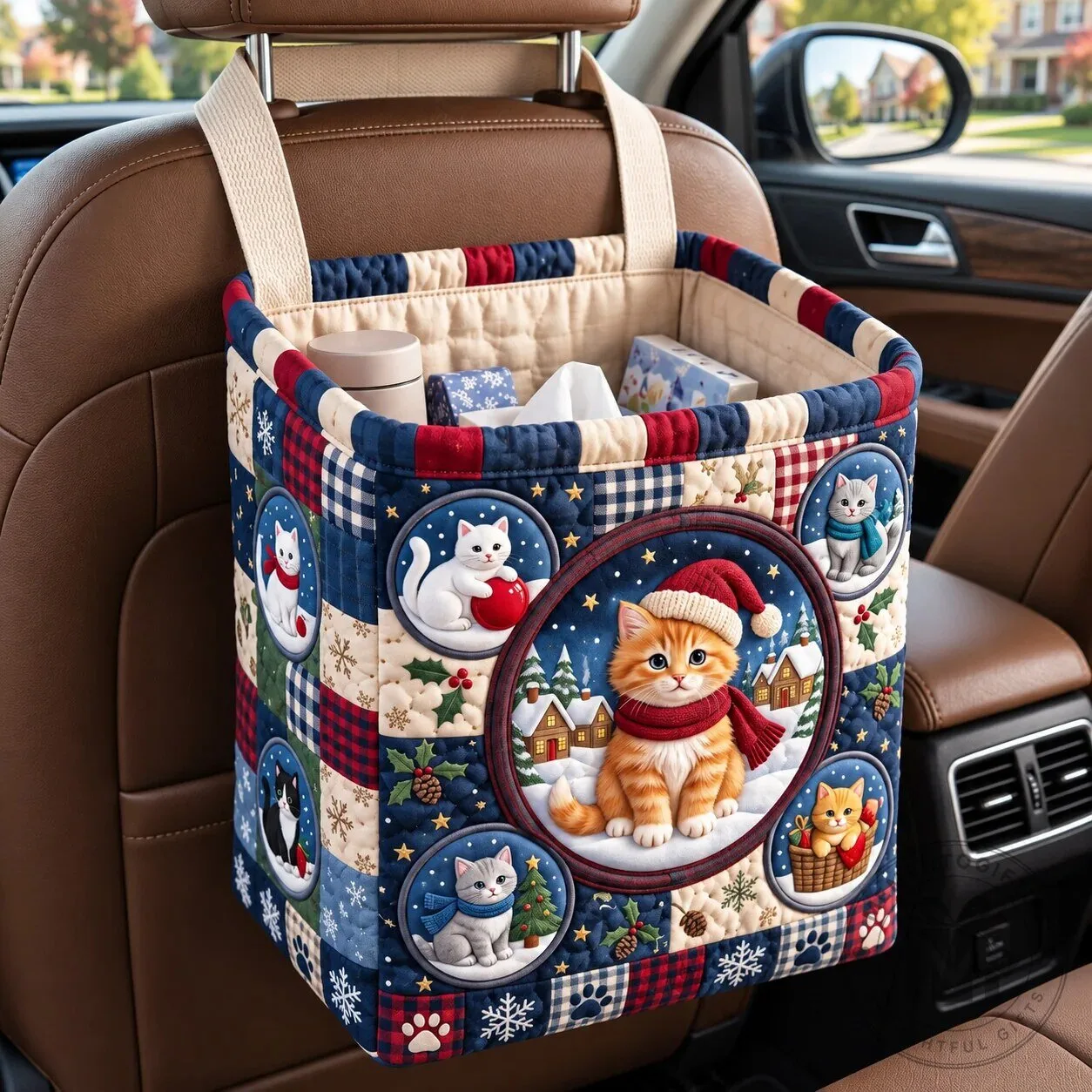 Christmas Cats Winter Village Quilted Car Seat Back Storage Basket