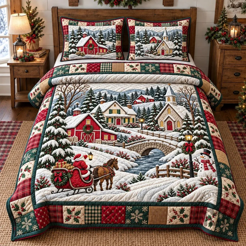 Christmas Winter Village Santa Sleigh Quilted Bedding Set Christmas Winter Village Santa Sleigh Quilted Bedding Set