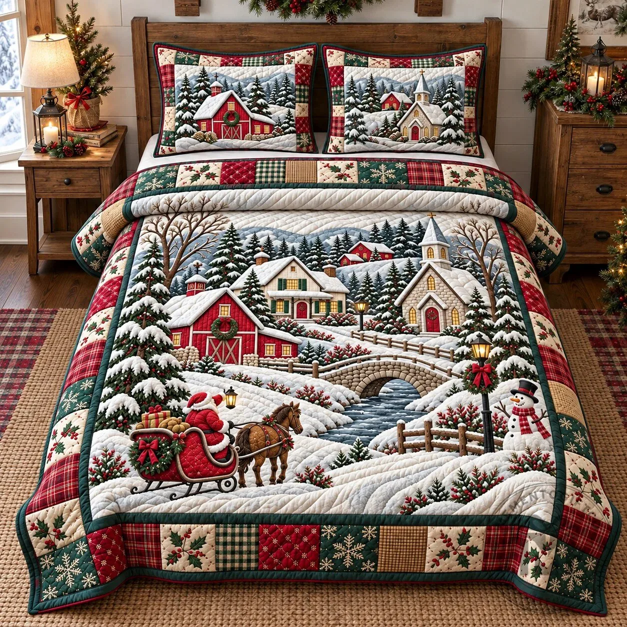 Christmas Winter Village Santa Sleigh Quilted Bedding Set