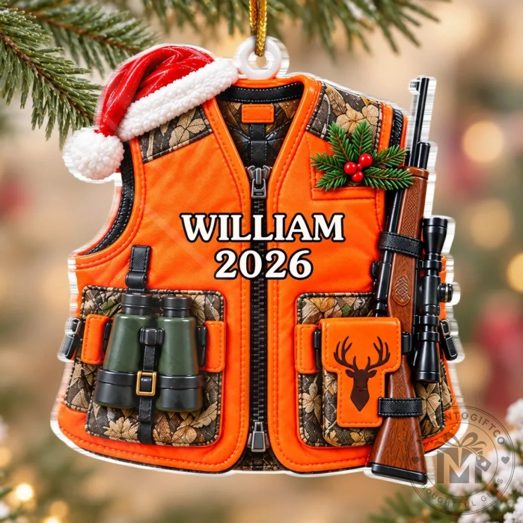 Personalized Hunter Orange Vest Christmas Ornament with Rifle and Binoculars Personalized Hunter Orange Vest Christmas Ornament with Rifle and Binoculars